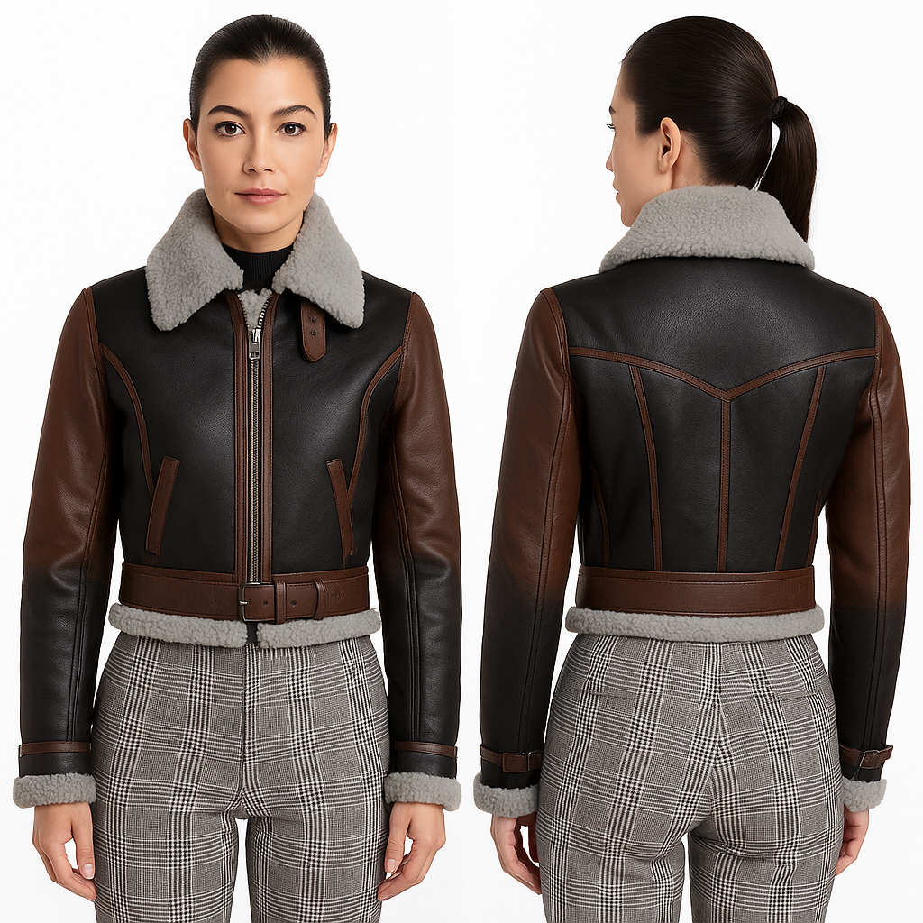 AeroChic Cropped Shearling Bomber – Women's Flight Style Leather Jacket Luxequir Vogue