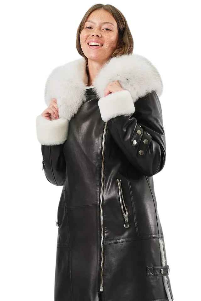 Arctic Envy – Women’s Luxury Shearling Leather Coat with Faux Fur Collar