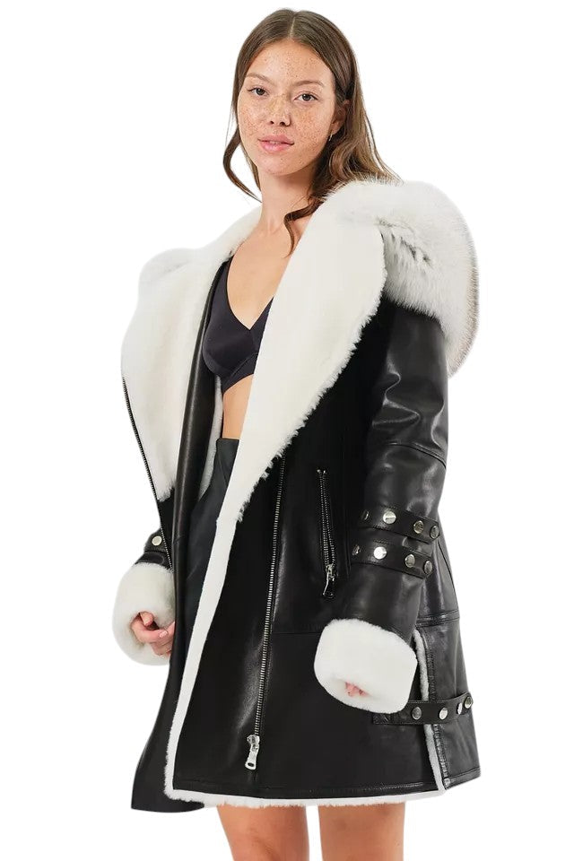 Arctic Envy – Women’s Luxury Shearling Leather Coat with Faux Fur Collar Luxequir Vogue