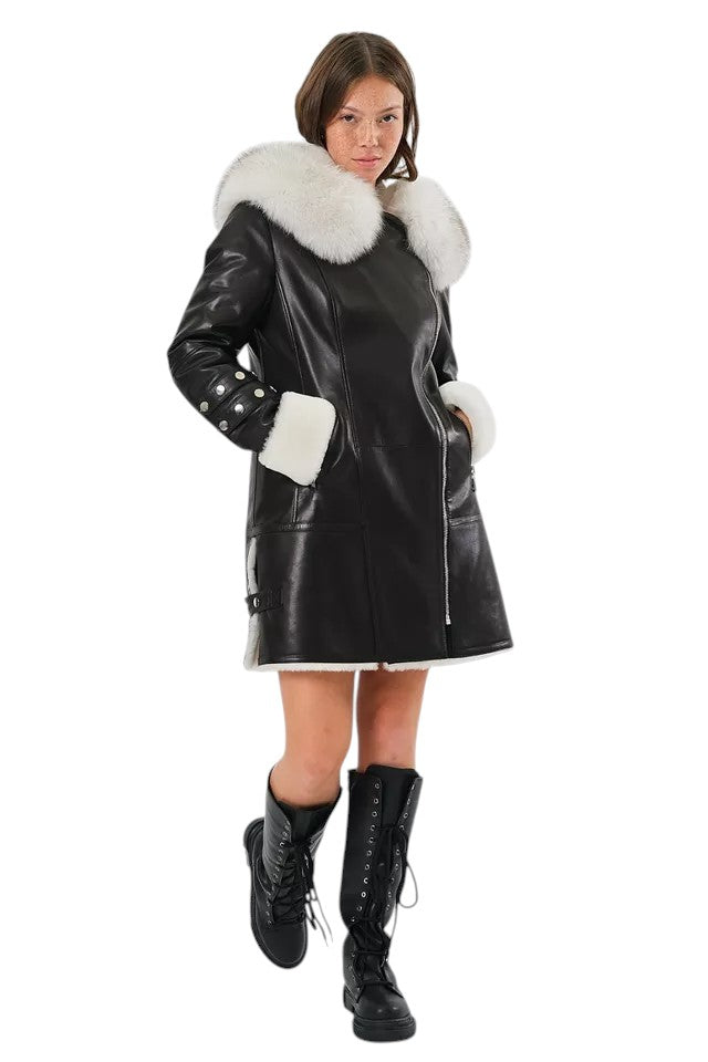 Arctic Envy – Women’s Luxury Shearling Leather Coat with Faux Fur Collar Luxequir Vogue