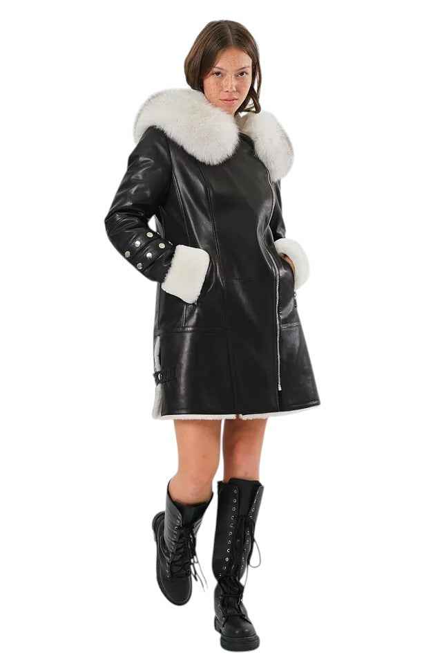 Arctic Envy – Women’s Luxury Shearling Leather Coat with Faux Fur Collar