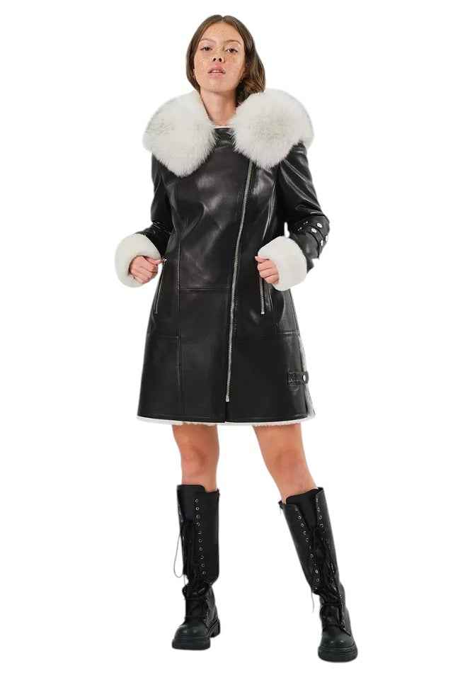 Arctic Envy – Women’s Luxury Shearling Leather Coat with Faux Fur Collar