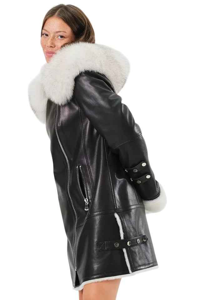Arctic Envy – Women’s Luxury Shearling Leather Coat with Faux Fur Collar