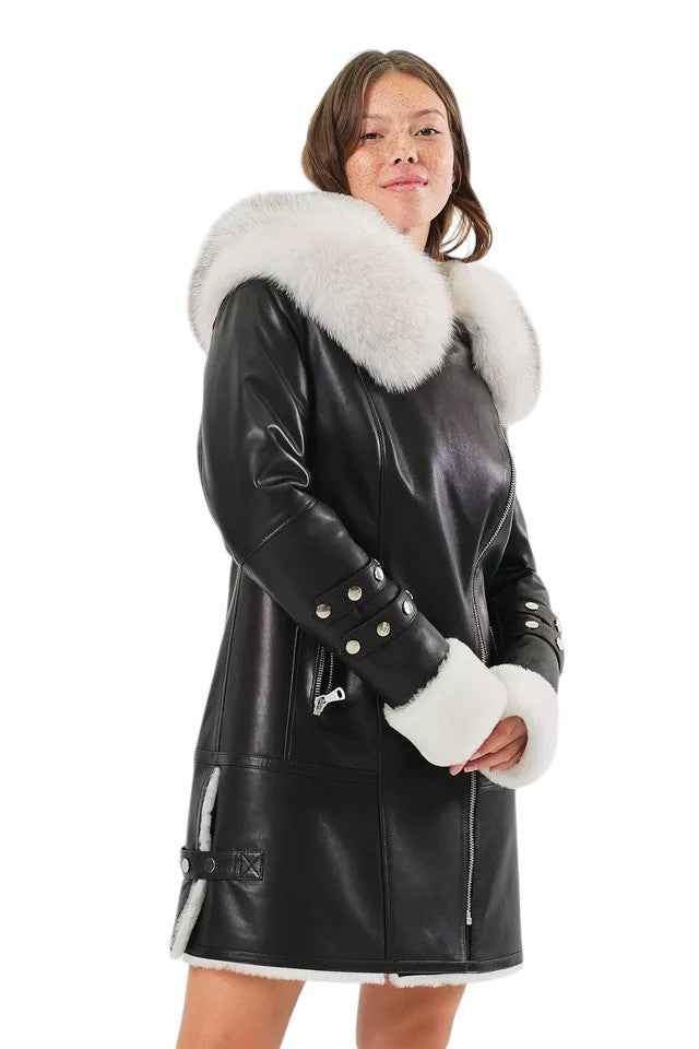 Arctic Envy – Women’s Luxury Shearling Leather Coat with Faux Fur Collar