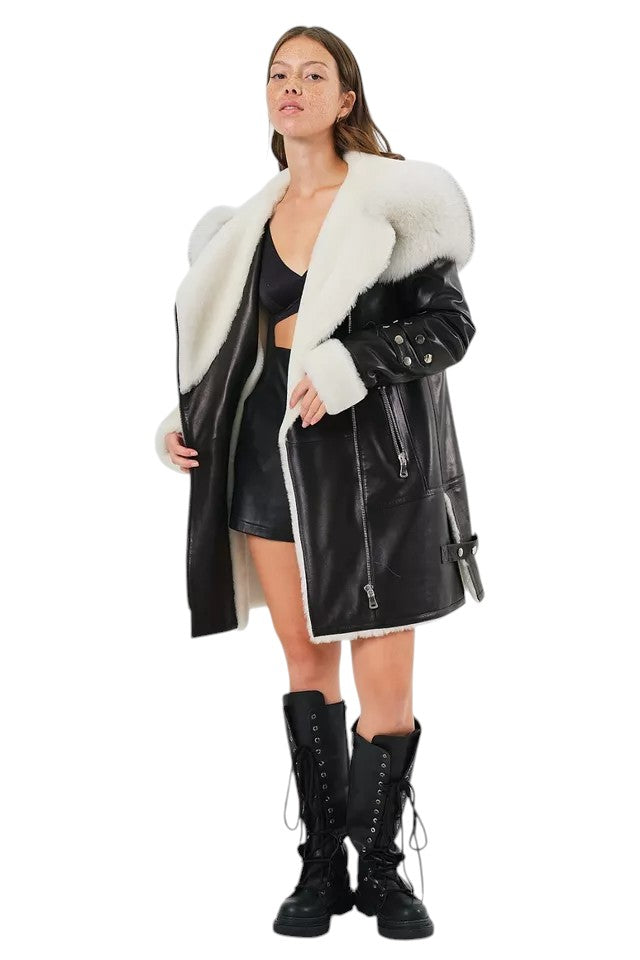 Arctic Envy – Women’s Luxury Shearling Leather Coat with Faux Fur Collar Luxequir Vogue
