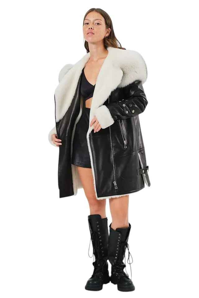 Arctic Envy – Women’s Luxury Shearling Leather Coat with Faux Fur Collar