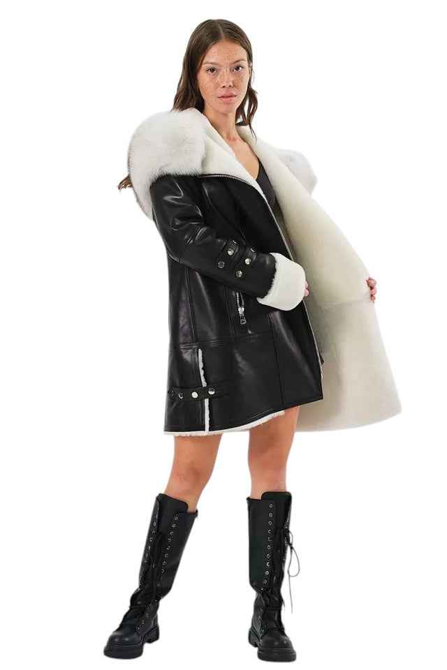Arctic Envy – Women’s Luxury Shearling Leather Coat with Faux Fur Collar