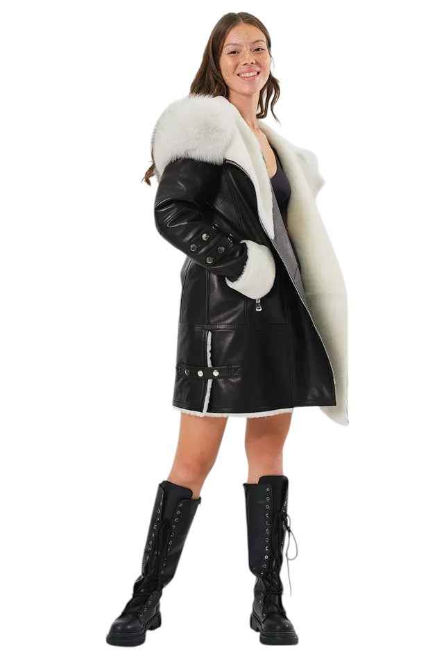 Arctic Envy – Women’s Luxury Shearling Leather Coat with Faux Fur Collar