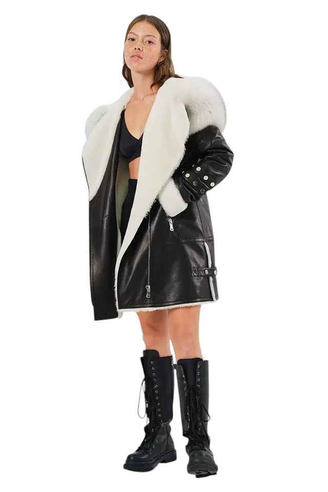Arctic Envy – Women’s Luxury Shearling Leather Coat with Faux Fur Collar