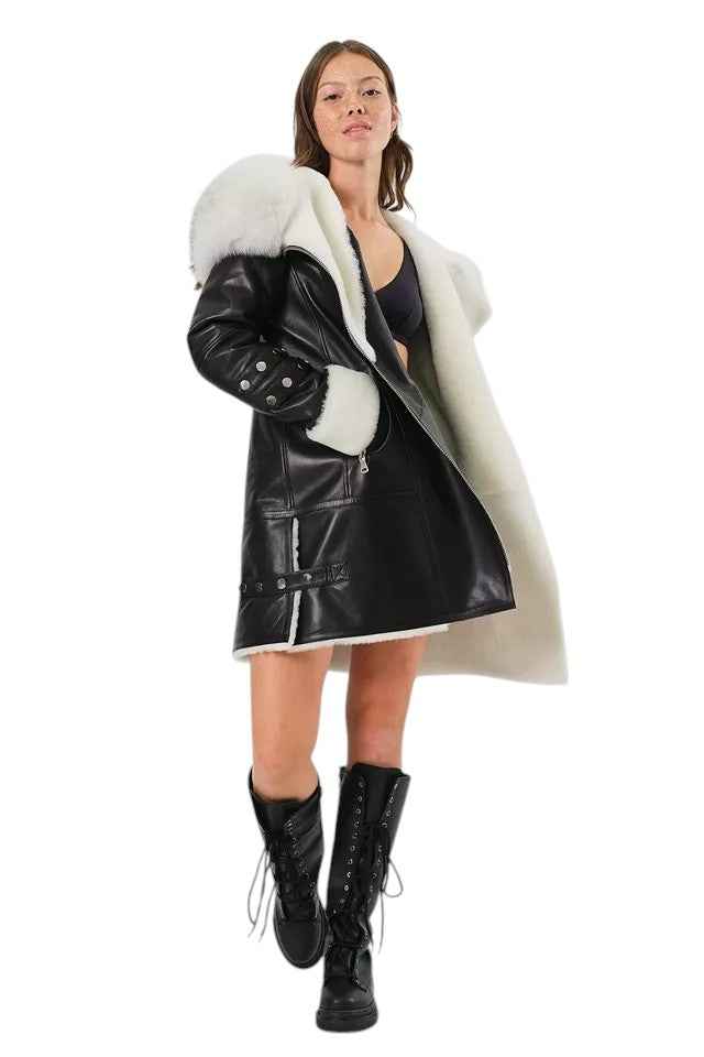 Arctic Envy – Women’s Luxury Shearling Leather Coat with Faux Fur Collar