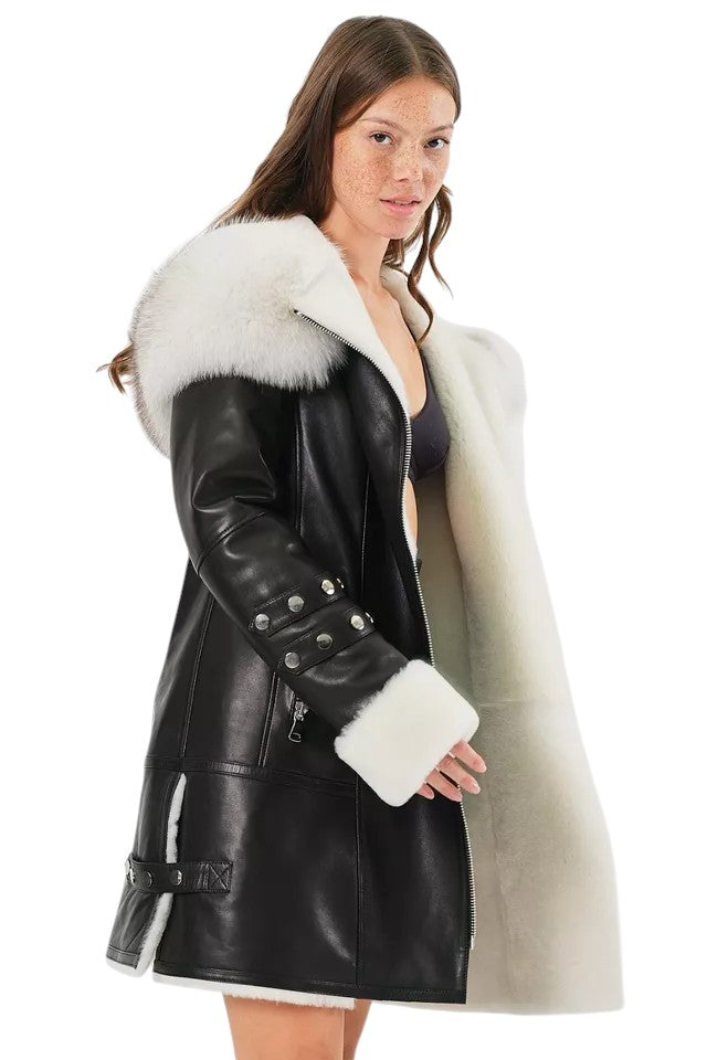 Arctic Envy – Women’s Luxury Shearling Leather Coat with Faux Fur Collar Luxequir Vogue