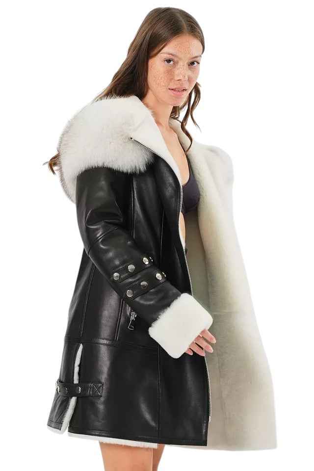 Arctic Envy – Women’s Luxury Shearling Leather Coat with Faux Fur Collar