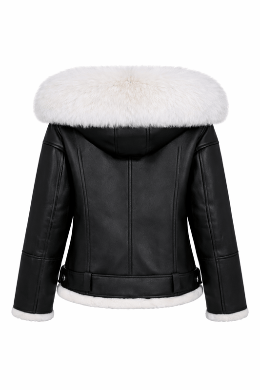 Black leather jacket with white fur hood and trim on a white background