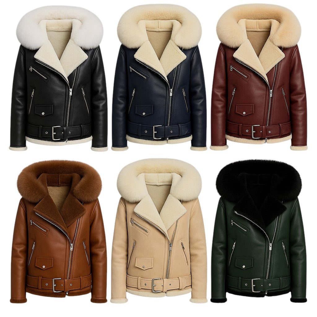 Arctic Grace – Women's Black Shearling Jacket with White Fox Fur Hood Luxequir Vogue
