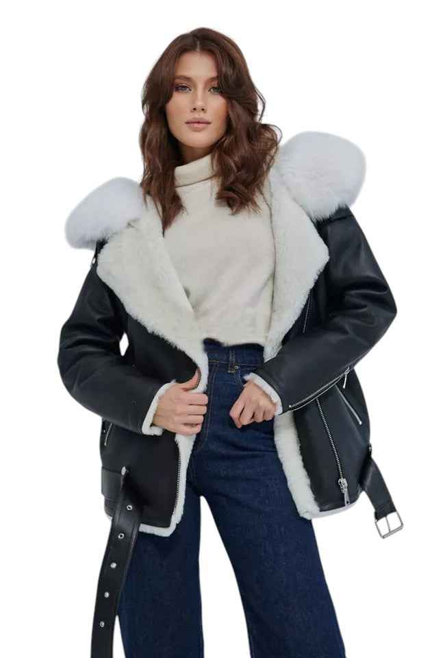 Arctic Grace – Women's Black Shearling Jacket with White Fox Fur Hood
