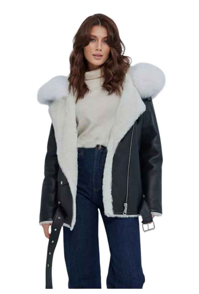 Arctic Grace – Women's Black Shearling Jacket with White Fox Fur Hood