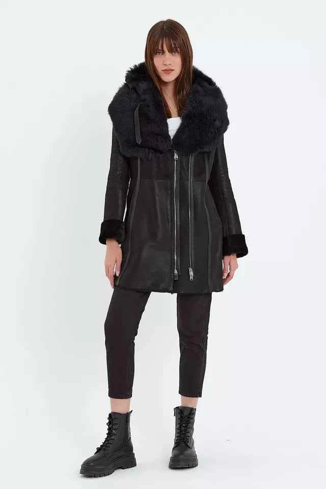 Arctic Noir – Women’s Black Shearling Coat with Toscana Fur Hood