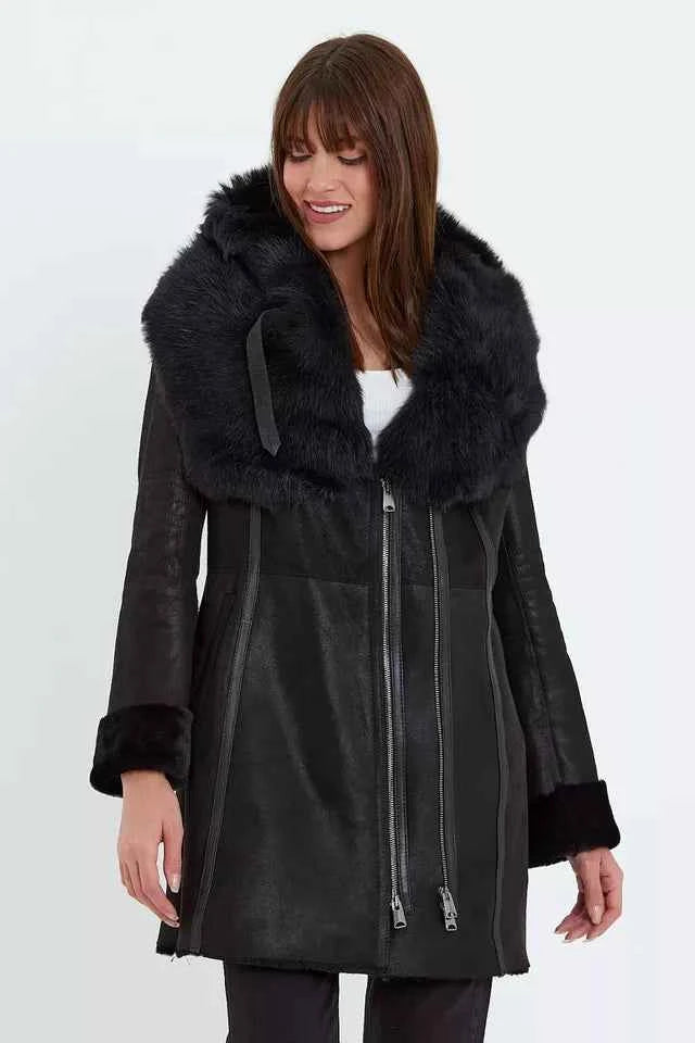 Arctic Noir – Women’s Black Shearling Coat with Toscana Fur Hood
