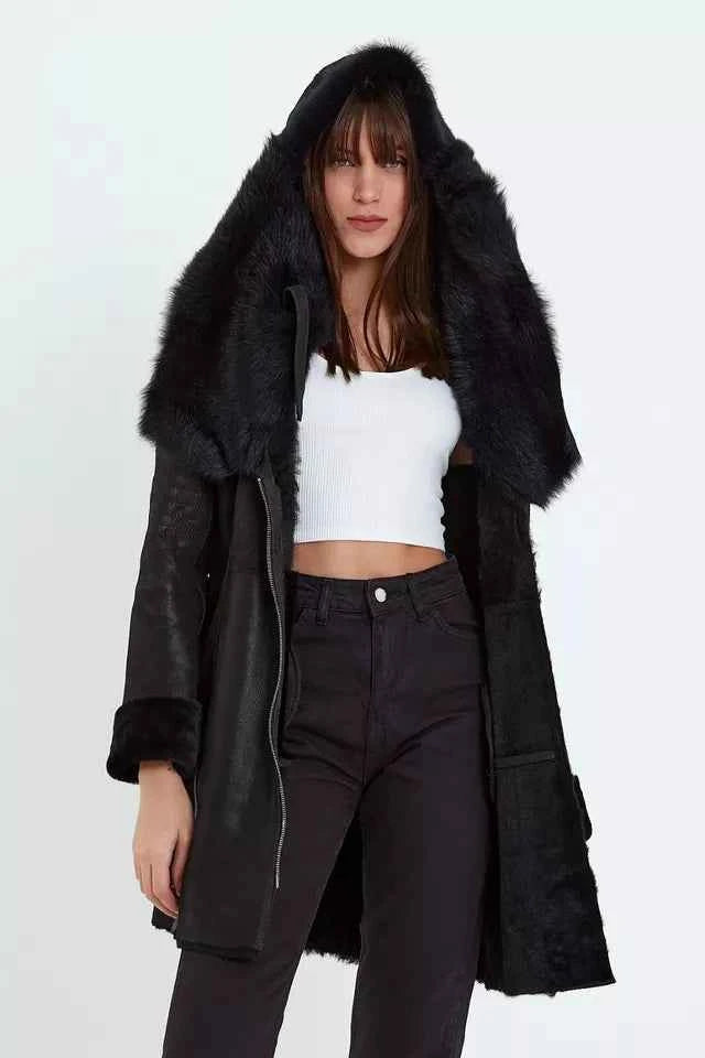 Arctic Noir – Women’s Black Shearling Coat with Toscana Fur Hood