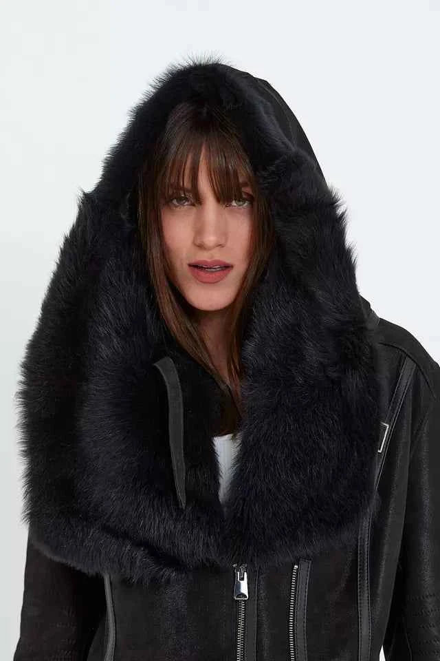 Arctic Noir – Women’s Black Shearling Coat with Toscana Fur Hood