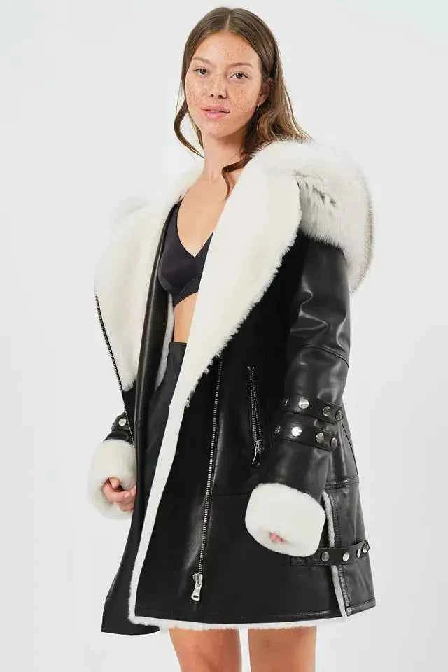 Arctic Rebel – Women’s Luxe Shearling Coat with Fox Fur Hood