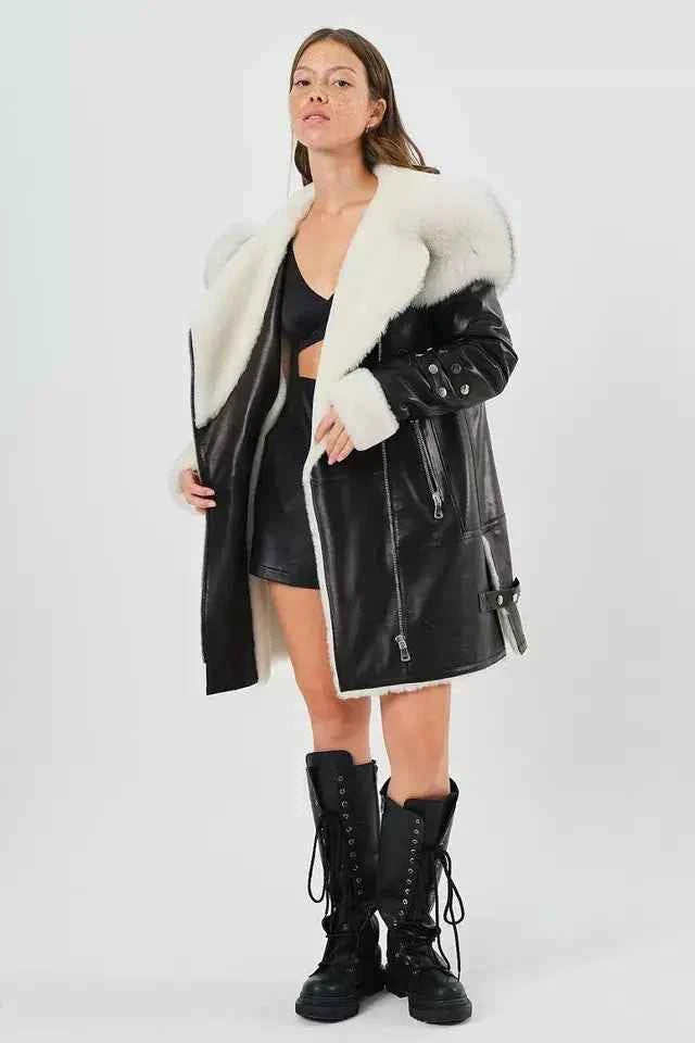 Arctic Rebel – Women’s Luxe Shearling Coat with Fox Fur Hood
