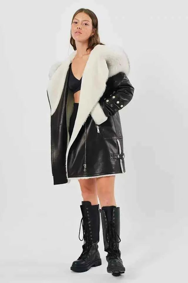 Arctic Rebel – Women’s Luxe Shearling Coat with Fox Fur Hood