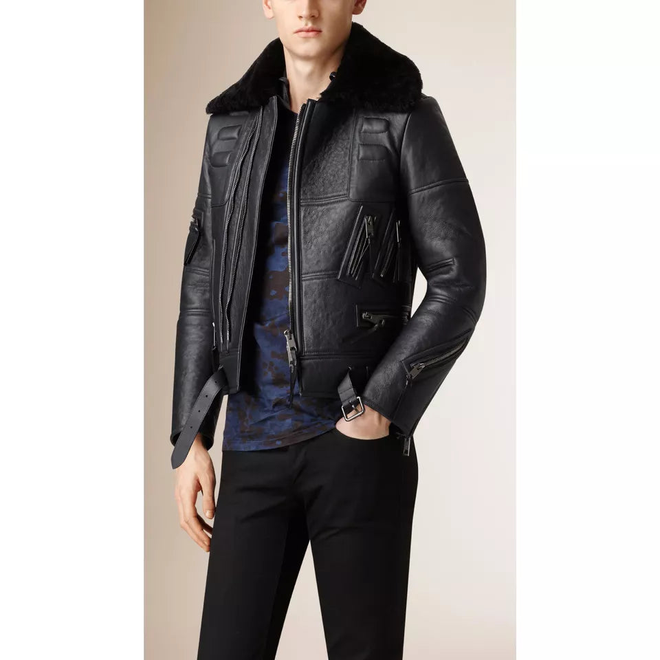 Arctic Reign – Men’s Deep Black Multi-Zip Shearling Collar Biker Jacket Luxequir Vogue