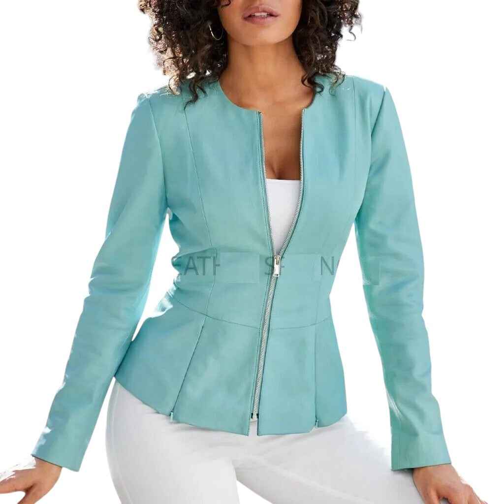 Azure Grace – Women’s Tailored Turquoise Leather Jacket