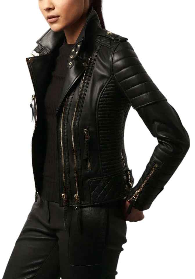 Bullet Luxe – Women's Quilted Leather Moto Jacket with Gold Hardware