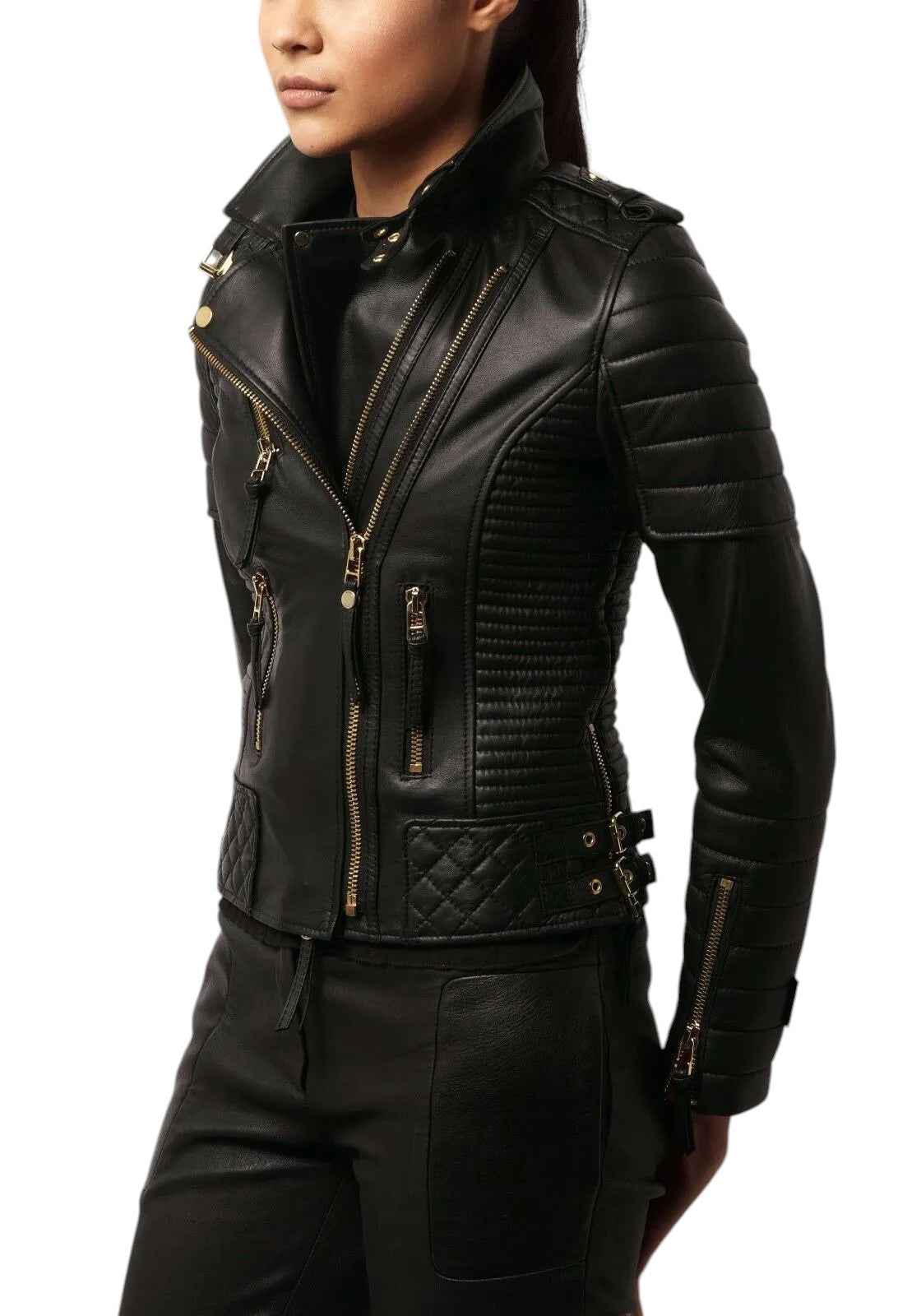 Bullet Luxe – Women's Quilted Leather Moto Jacket with Gold Hardware