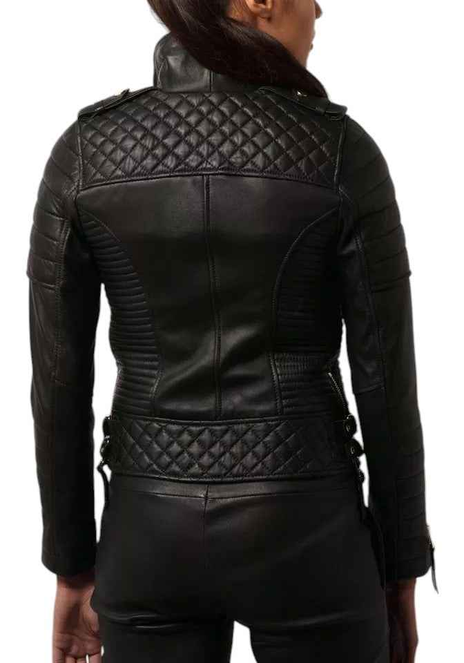 Bullet Luxe – Women's Quilted Leather Moto Jacket with Gold Hardware