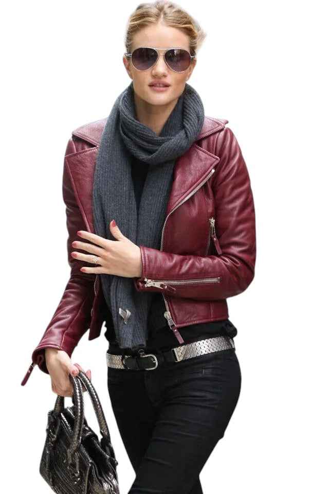 Burgundy Bold – Women's Real Lambskin Leather Moto Jacket