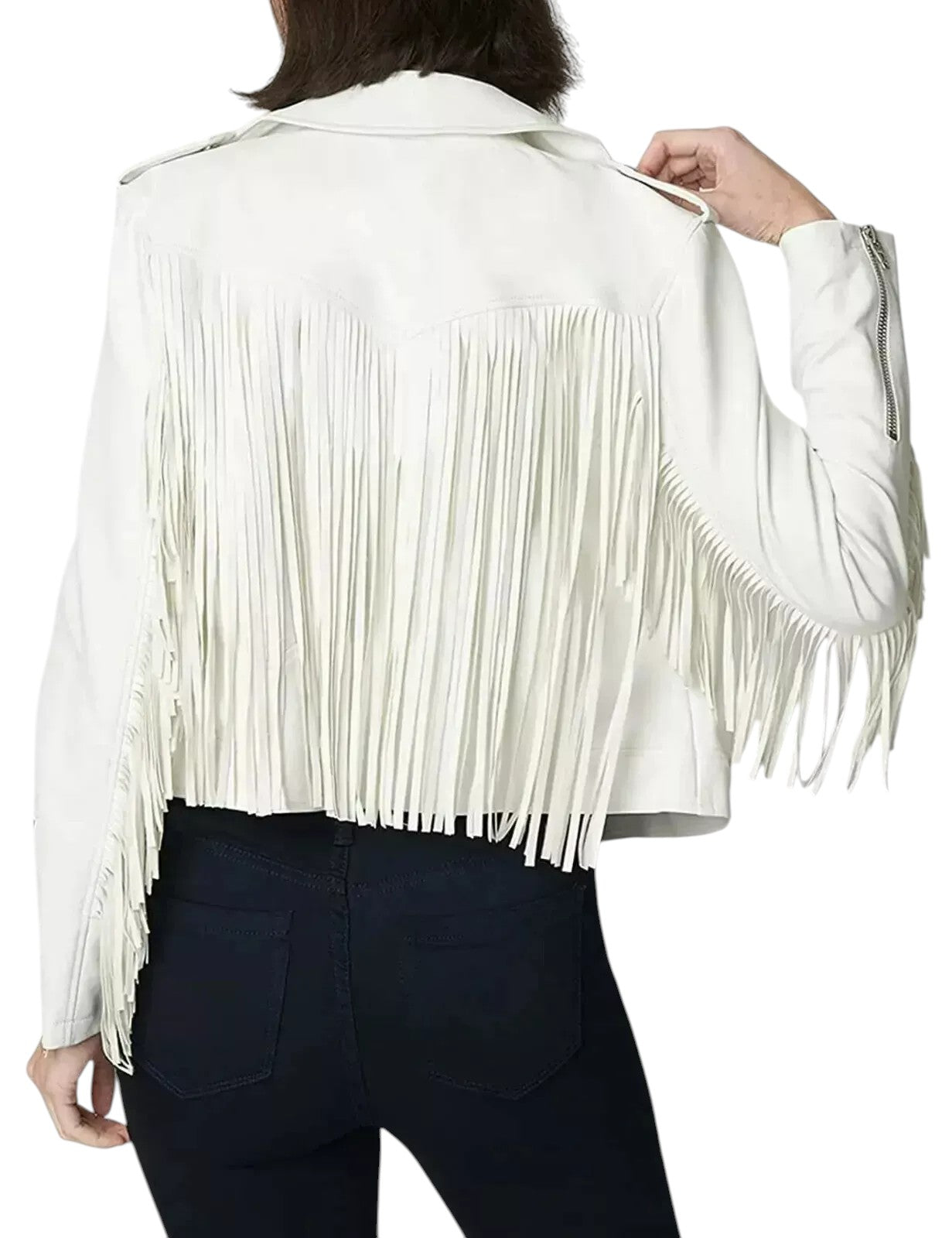 Woman wearing white leather biker jacket with long fringe details and silver hardware – Luxequir Vogue Desert Halo