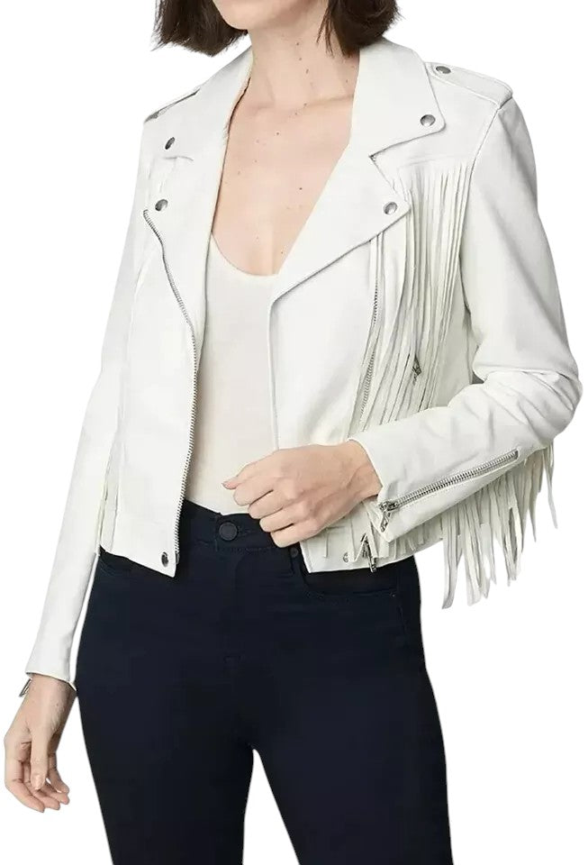 Woman wearing white leather biker jacket with long fringe details and silver hardware – Luxequir Vogue Desert Halo
