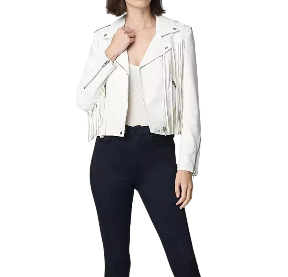 Woman wearing white leather biker jacket with long fringe details and silver hardware – Luxequir Vogue Desert Halo
