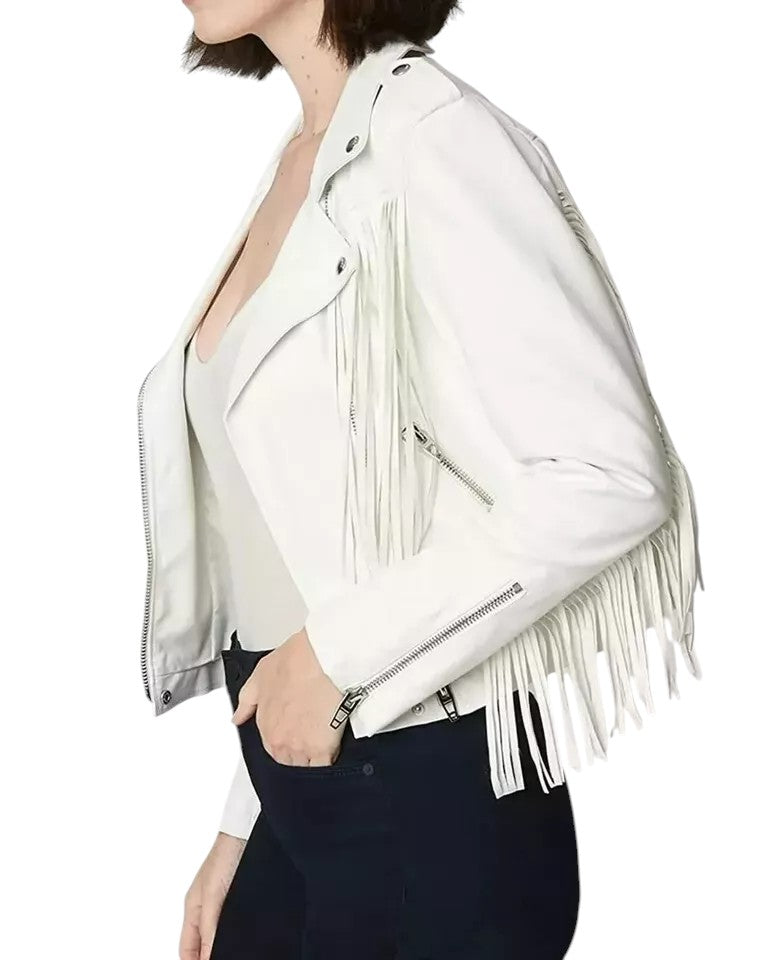 Woman wearing white leather biker jacket with long fringe details and silver hardware – Luxequir Vogue Desert Halo