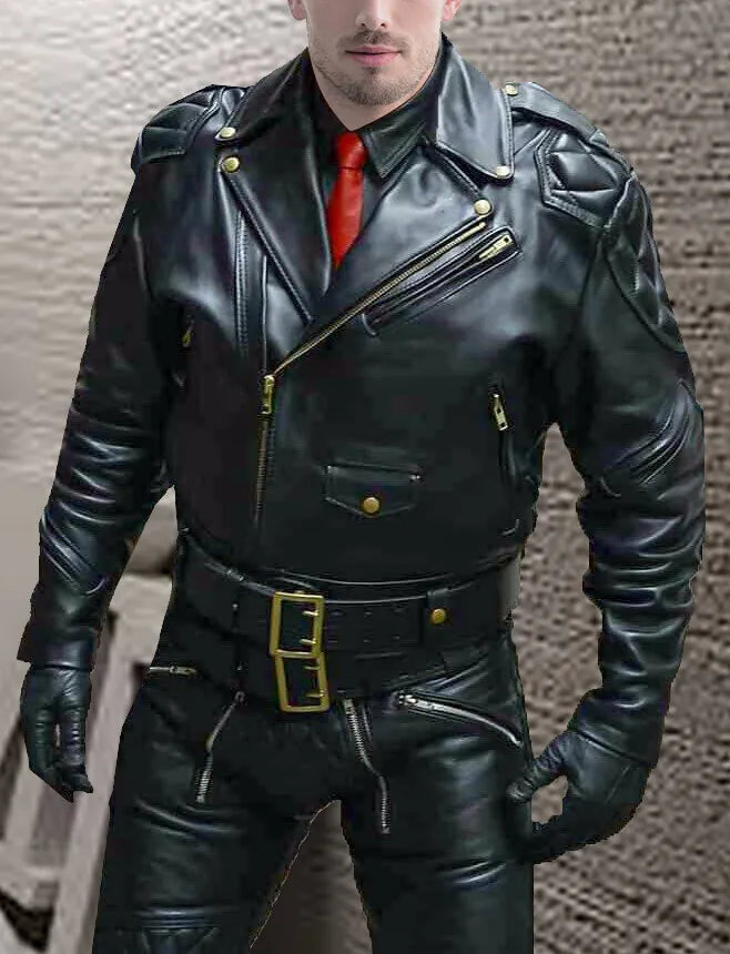 Dominion Rider – Men’s Full Cowhide Leather Biker Suit with Gold Accents Luxequir Vogue