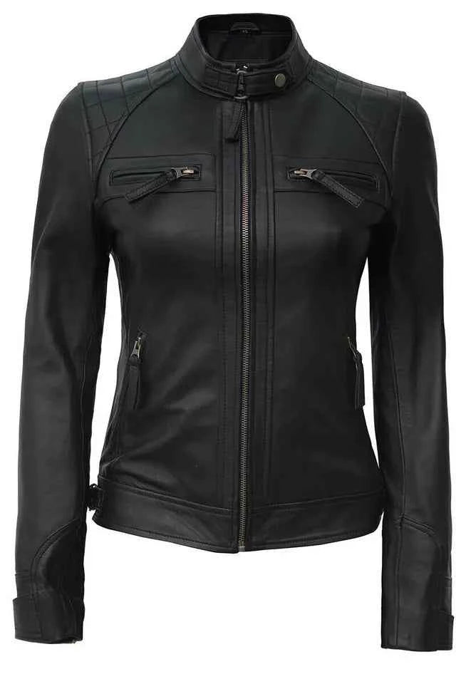Ladies Women's Black Slim Fit Biker Lambskin Leather Designer Soft Leather Jacket