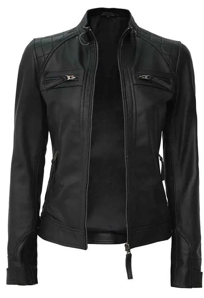 Ladies Women's Black Slim Fit Biker Lambskin Leather Designer Soft Leather Jacket