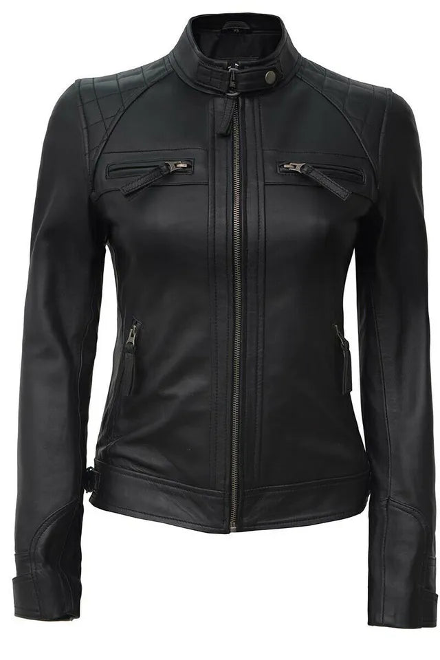 Ladies Black Slim Fit Biker Leather Jacket - Soft Lambskin Designer Leather Luxequir Vogue