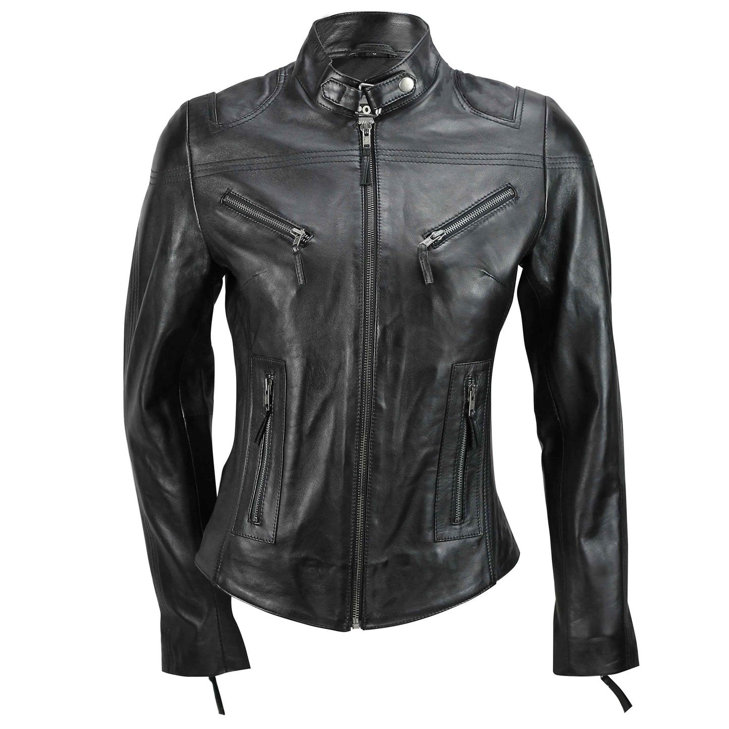 Ladies Women's Genuine Real Leather Vintage Slim Fit Biker Jacket