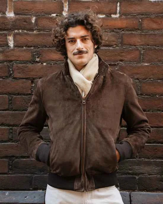 Luxequir “Valente Suede Moto-Bomber” Jacket – Rustic Walnut Brown