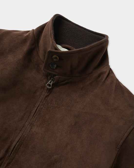 Luxequir “Valente Suede Moto-Bomber” Jacket – Rustic Walnut Brown