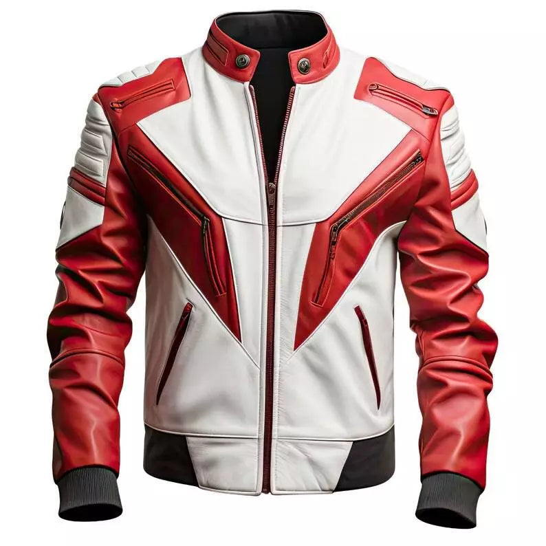 Redline Apex – Men’s Red & White Biker Leather Jacket Luxequir Vogue