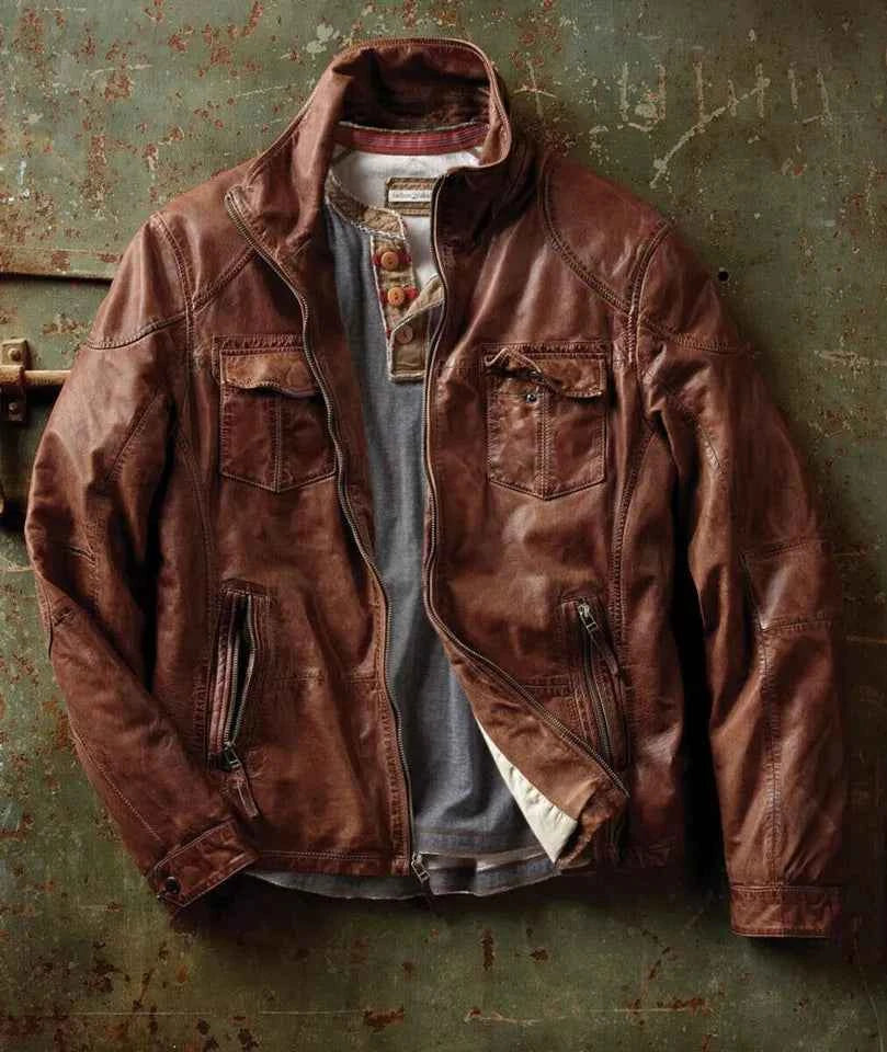 Vintage Torque – Men’s Distressed Brown Leather Biker Jacket