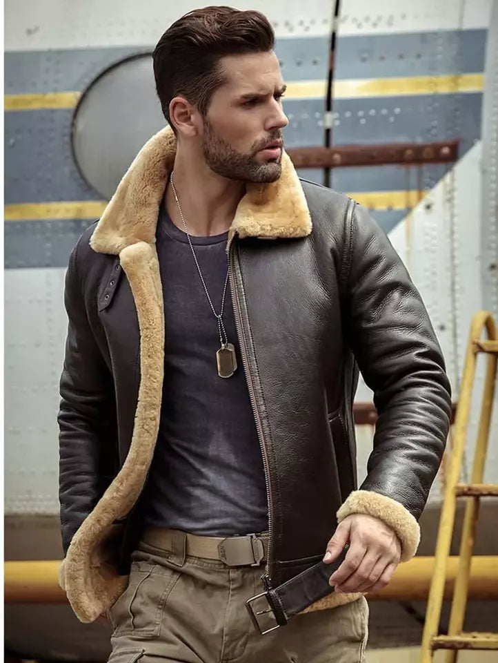 Men’s B3 RAF Bomber Brown Aviator Shearling Real Leather Jacket Luxequir Vogue