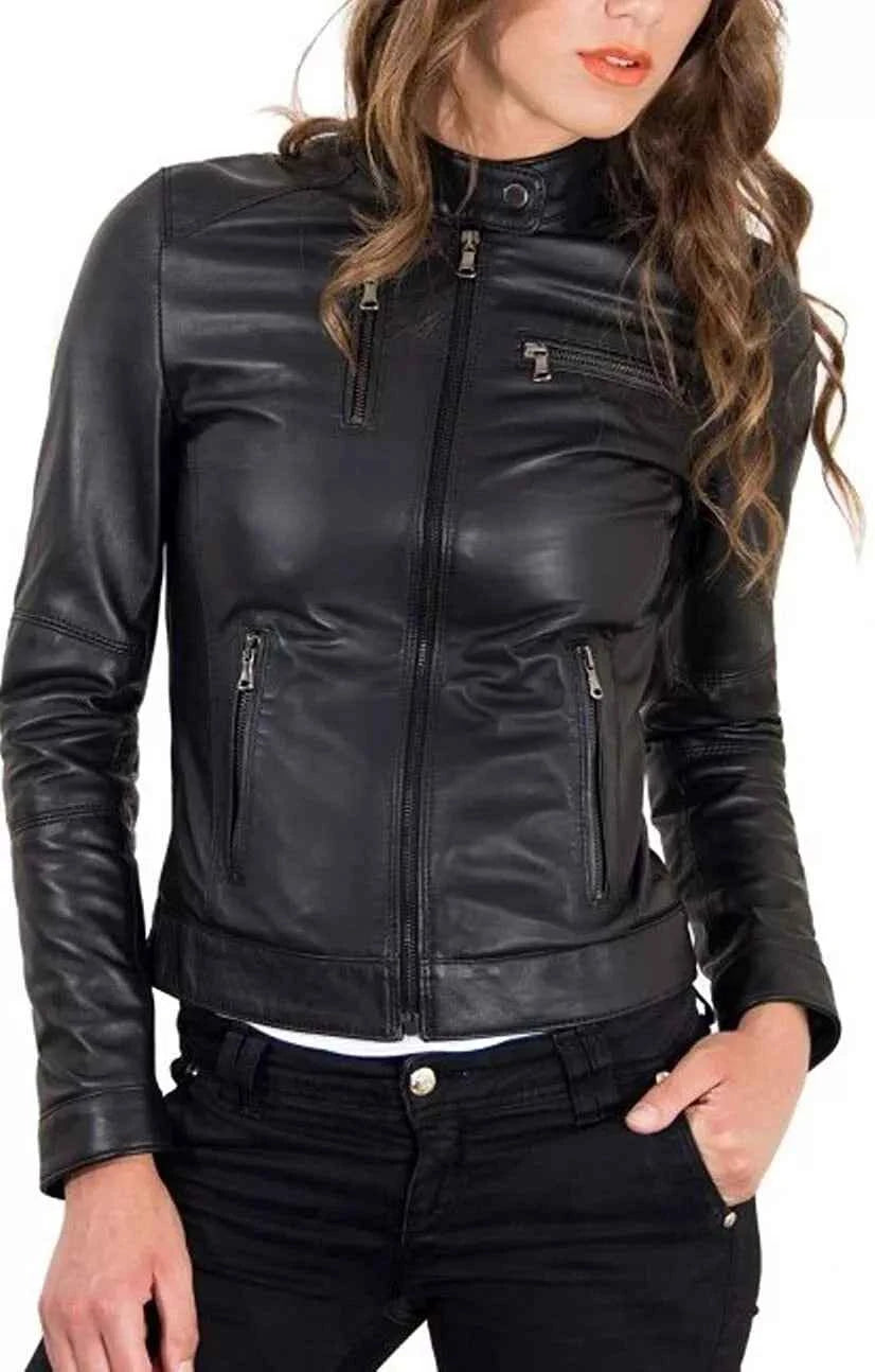 Midnight Edge – Women’s Real Lambskin Leather Biker Jacket