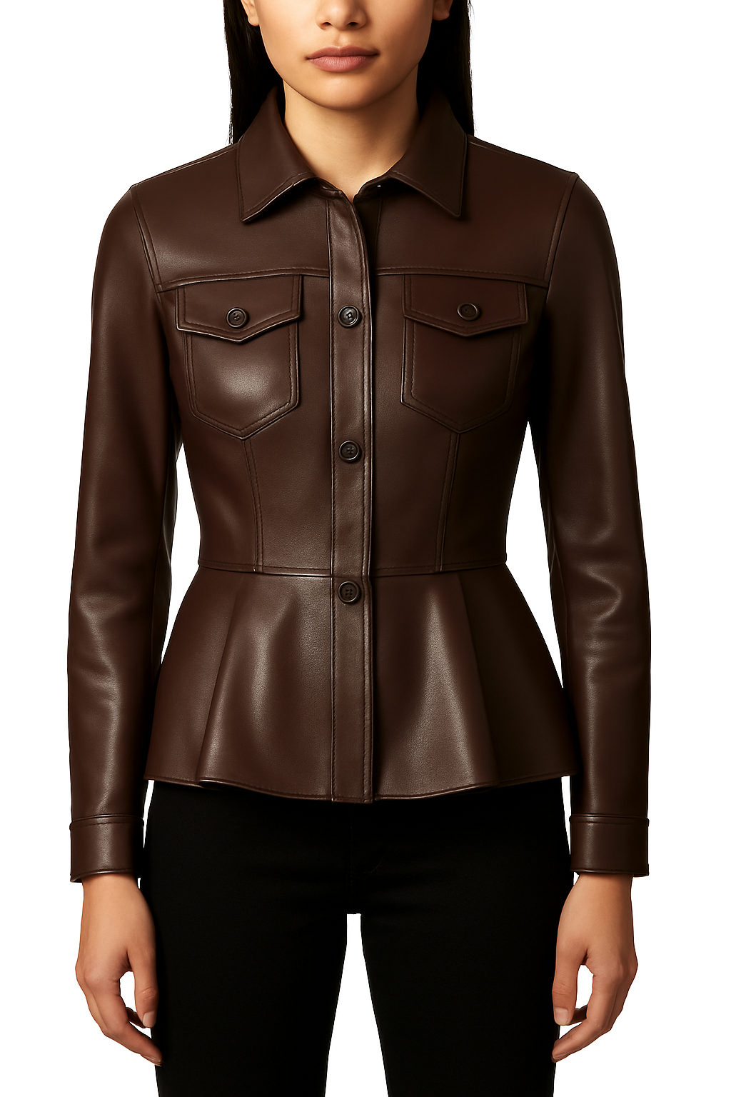 Mocha Finesse – Women's Chocolate Brown Peplum Leather Jacket Luxequir Vogue