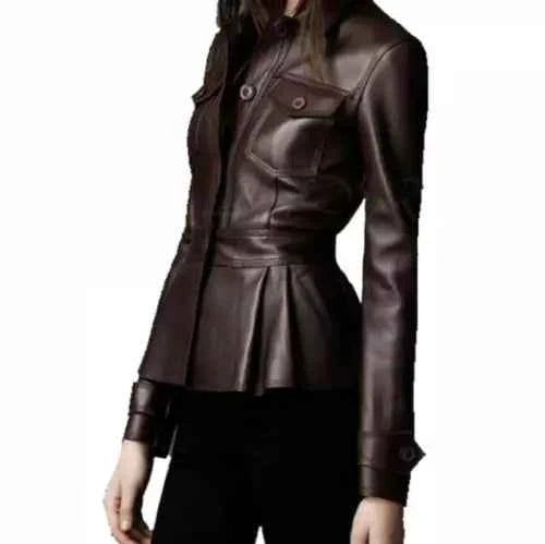 Mocha Finesse – Women's Chocolate Brown Peplum Leather Jacket